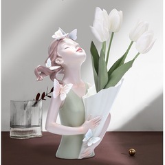 跨境創意輕奢歐式蝴蝶女孩捧花插花花瓶家居桌面裝飾樹脂時尚擺件