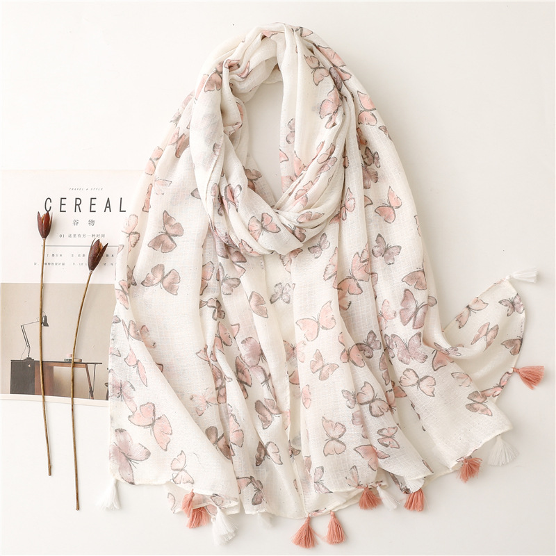 Fashion Scarf Color Butterfly Sprinkle Gold Pink Tassel Scarf Shawl display picture 1