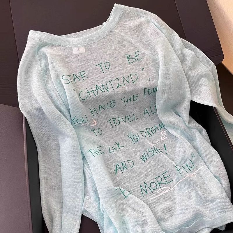2025 新韓国アイスシルク長袖 Tシャツ女性の夏薄い日焼け止めブラウスルーズ微薄型レイジースタイルトップ|undefined