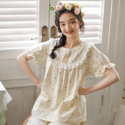 [Man Autumn]lady fresh lady Short sleeved shorts suit Gauze ventilation Short sleeved suit Home Furnishings pajamas