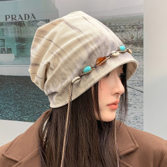 美式扎染流速串珠堆堆帽秋冬新款百搭帽子女显脸小冷帽防风包头帽