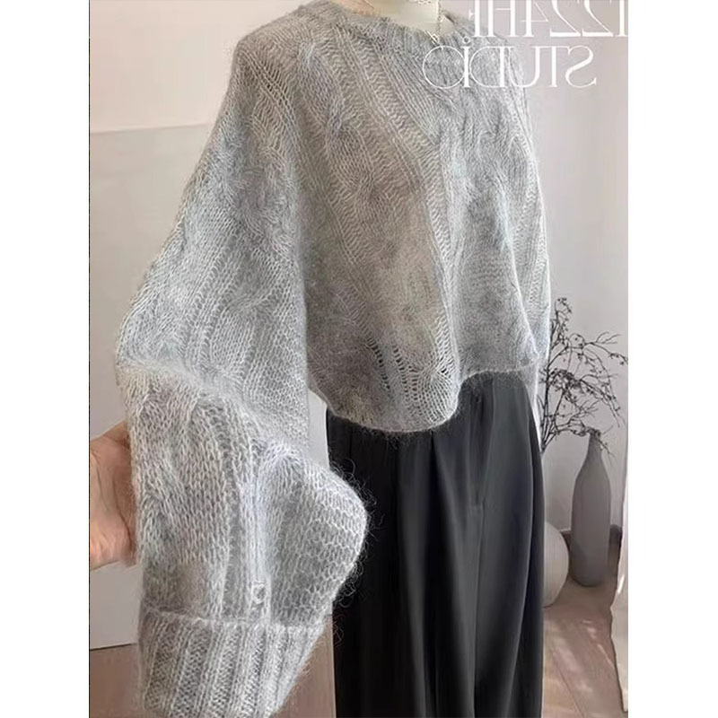European-Style Gray Knitted Top for Women, 2023 Autumn, High-End Mohair Hollow-Out Pullover Sweater, New Autumn Product European-Style Gray Knitted Top for Women, 2023 Autumn, High-End Mohair Hollow-Out Pullover Sweater, New Autumn Product