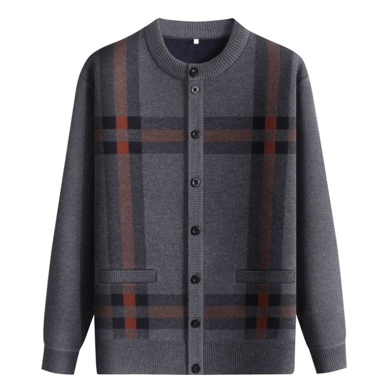 Кардиган на флисовой подкладке, свитер, мужское вязаное пальто для мужчин среднего и пожилого возраста, свитер с круглым вырезом для папы, утолщенный Топ Для дедушки