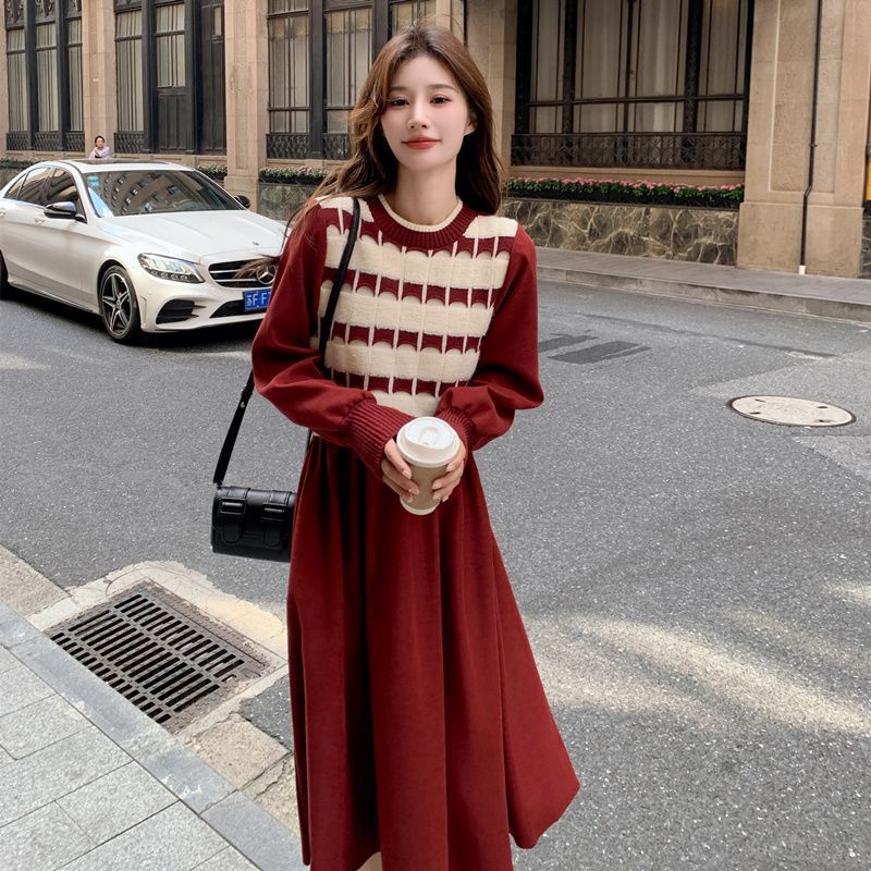 红色假两件a字裙收腰显瘦气质长裙温柔风小个子连衣裙女春秋新款|undefined