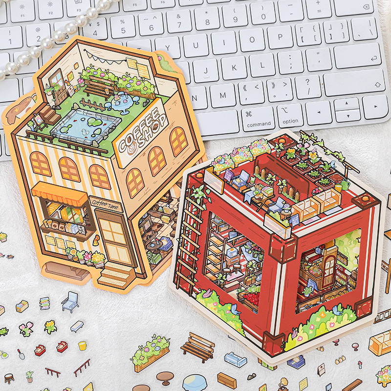 Pegatinas de paisajismo en miniatura de huellas de papel, pegatinas, series de postes, escenas de temas retro, pegatinas decorativas de material de cuenta manual