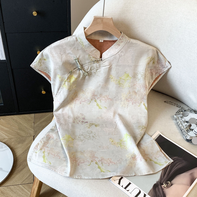 Acetate Satin Jacquard Shirt for Women, Summer New Chinese-Style Improved Cheongsam Top, National Style Diagonal Collar Buttoned Short-Sleeve Blouse Acetate Satin Jacquard Shirt for Women, Summer New Chinese-Style Improved Cheongsam Top, National Style Diagonal Collar Buttoned Short-Sleeve Blouse