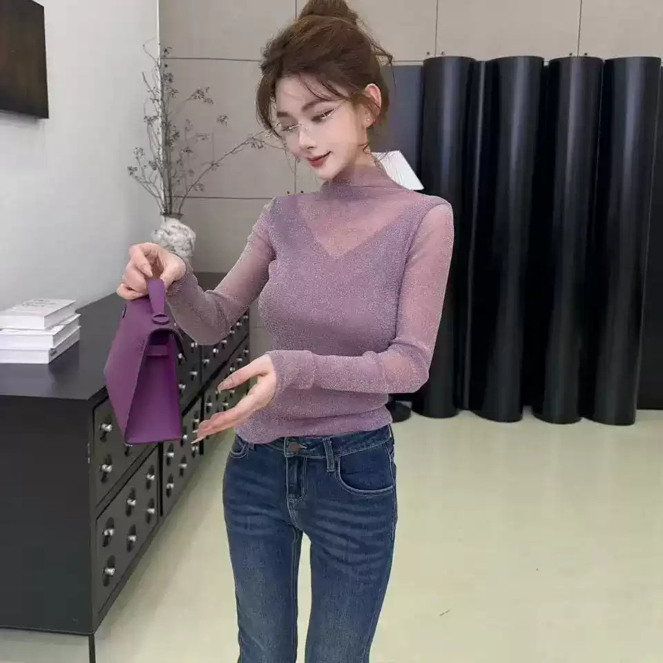 2025 New Slim Fit Shiny Mesh Splicing Long-Sleeve High-Neck Fleece-Lined Base Shirt Fashionable Versatile Top for Women