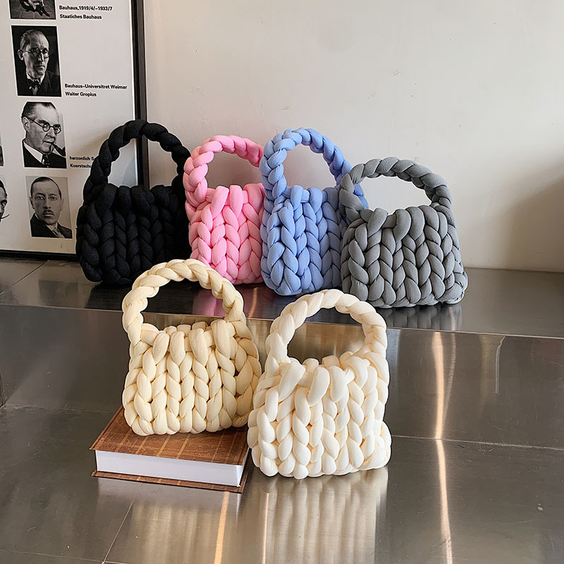 Súper gruesa de lana de Islandia bolso de las mujeres tejidas a mano bolsa de cubo coreano hecho en casa estilo coreano mano llevar bolsa de mensajero para la novia