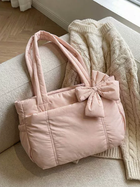Cross-Border New Model In-Stock Tote Bag with Bowknot, Yoga Bag, Direct Sales from the Manufacturer, Space Bag, Cotton-Padded Shoulder Tote Bag