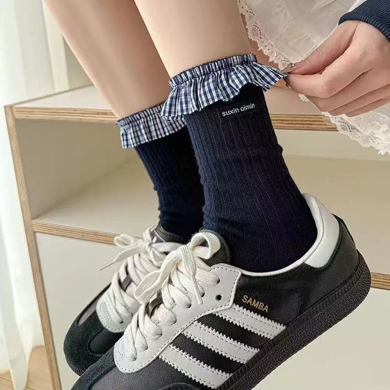 日系甜美蓬边饰品长筒堆堆袜藏蓝系花边格子爆款蝴蝶结中筒袜子女|undefined