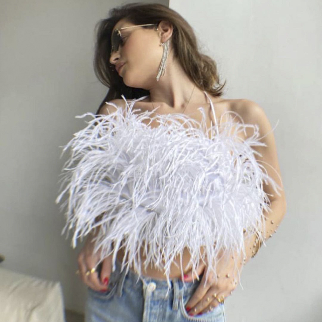 Furry Crop Top Women Ostrich Feather Bustier Tank Vest Sleeveless