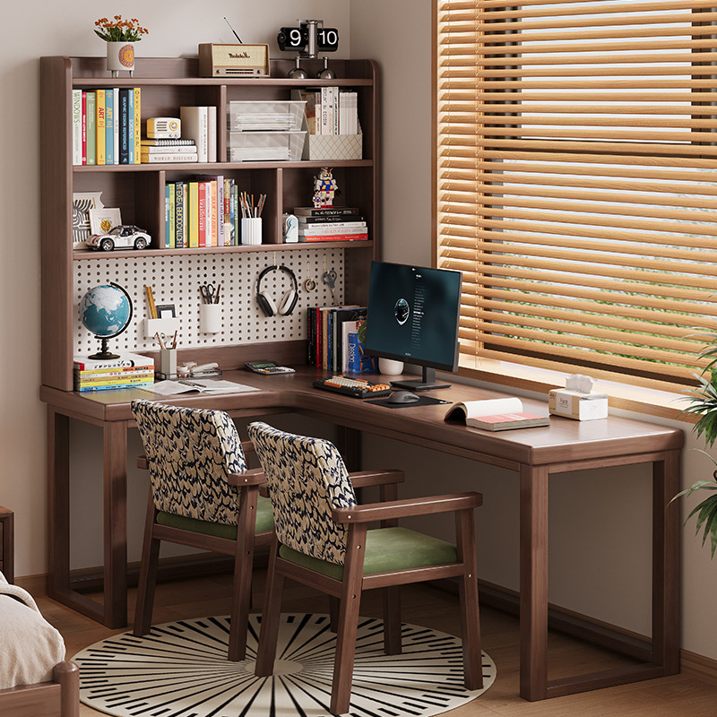 Solid Wood Corner Desk with Bookshelf, Integrated Table and Bookcase Combination, Corner Study Desk for Students, Home Use L-Shaped Computer Desk