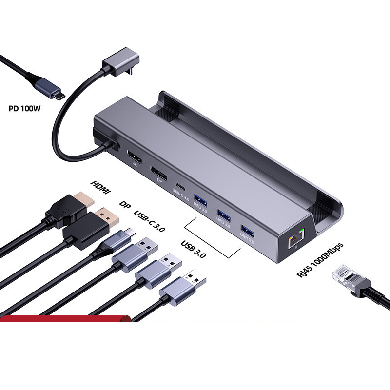 Customized Type-C to Usb+Hdmi+Dp+Rj45 Eight-In-One 100Wpd Fast Charging Aluminum Alloy Hub Base Customized Type-C to Usb+Hdmi+Dp+Rj45 Eight-In-One 100Wpd Fast Charging Aluminum Alloy Hub Base