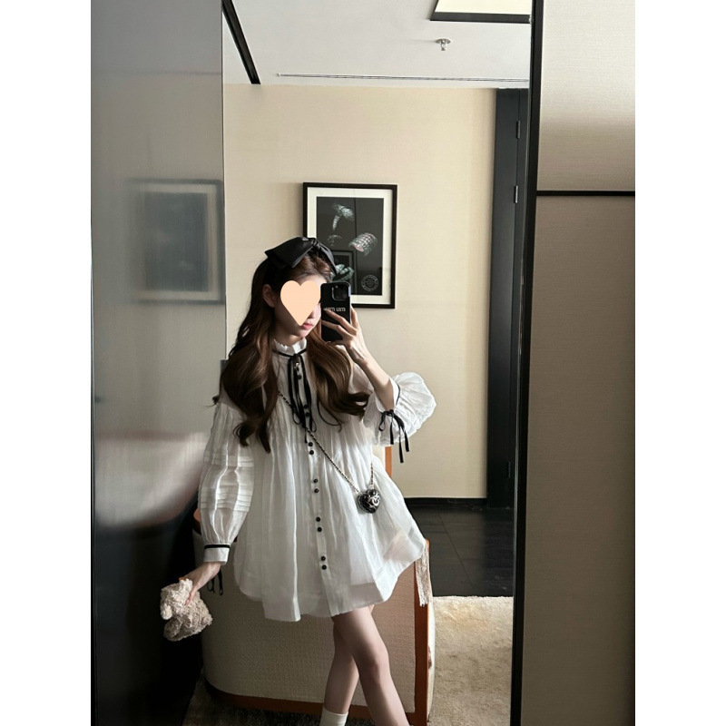 Korean Style Lace-up Stitching White Shirt Women's Autumn 2025 Autumn Clear Doll Dress Sweet Cute dress Women