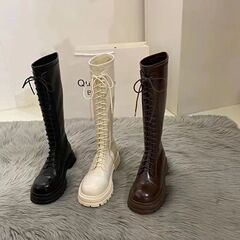 厚底白色长靴子女鞋年新款马丁靴女棕色秋冬长筒骑士靴ins潮