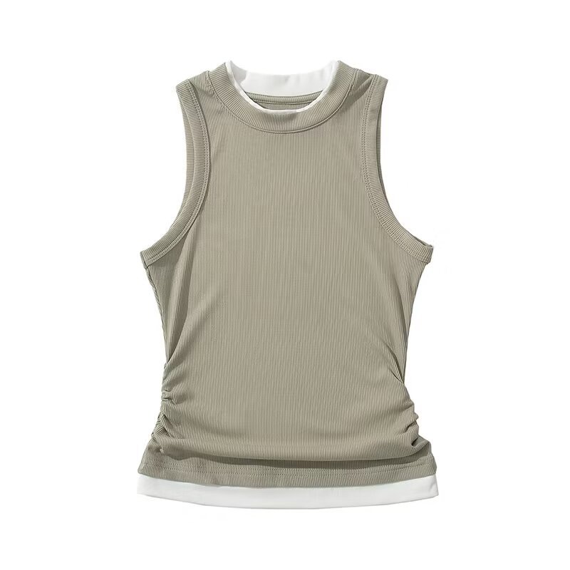 辣妹夏季格子窄肩假兩件背心褶皺收腰修身無袖吊帶打底上衣