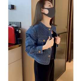山力达迪小香风棋盘格牛仔短外套女2025春秋新款宽松百搭小个子夹