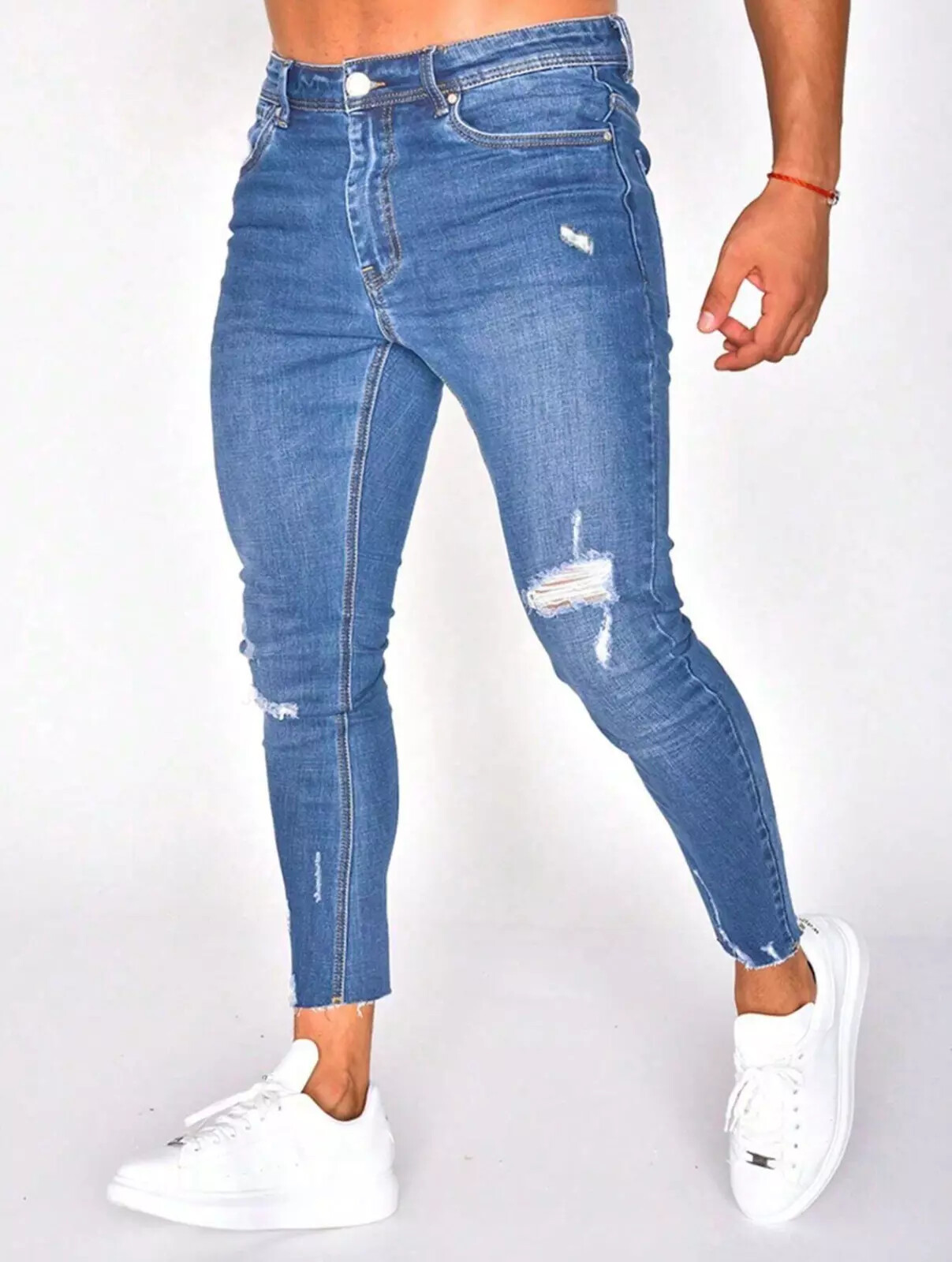 Jeans skinny slim fit da uomo, pantaloni elastici casual con strappi e toppe, pantaloni lunghi a vita media, in cotone, spessore standard, con cerniera_voghion.com