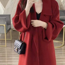 西西里2025秋冬新款双面羊毛呢大衣红色腰带西装领长款赫本外套女