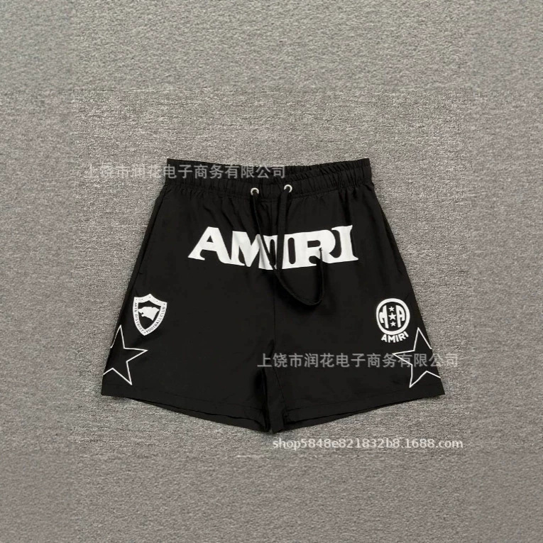 2026 Cross-Border 3D Digital Printed Amiri Letter Shorts American High Street Style Drawstring Sports Beach Shorts for Men and Women