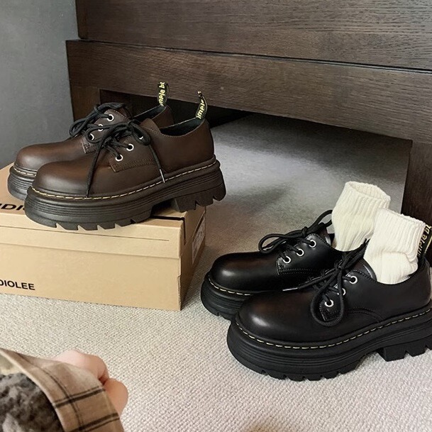 Mini Yang Same Style Genuine Leather Shoes Women's 2024 Thick-soled Shoes Women's Shoes Single-layer Shoes British Style Oxford Martin Shoes
