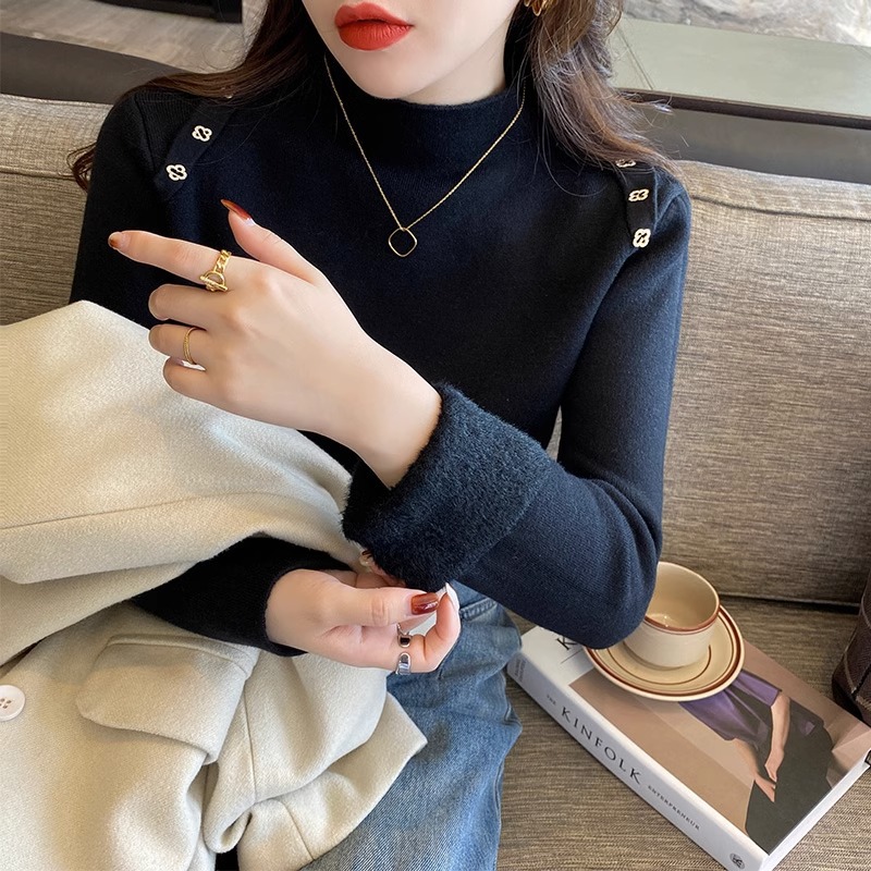 Camisa de fondo de punto de cuello alto para mujer con suéter de terciopelo de una pieza de estilo occidental Otoño e Invierno 2023 nuevo top de alta calidad
