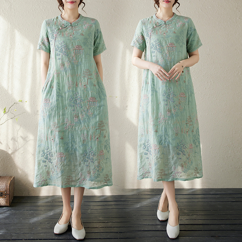 Neues, modernisiertes Cheongsam im chinesischen Stil mit hochwertigem Touch, Sommerkleid 2026 aus besticktem Baumwoll-Leinen-Gemisch_voghion.com