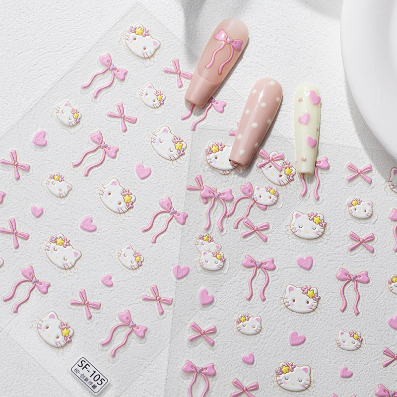 Sky纯欲少女心蝴蝶结凯蒂猫美甲贴纸甜心可爱kitty浮雕立体指甲贴|undefined