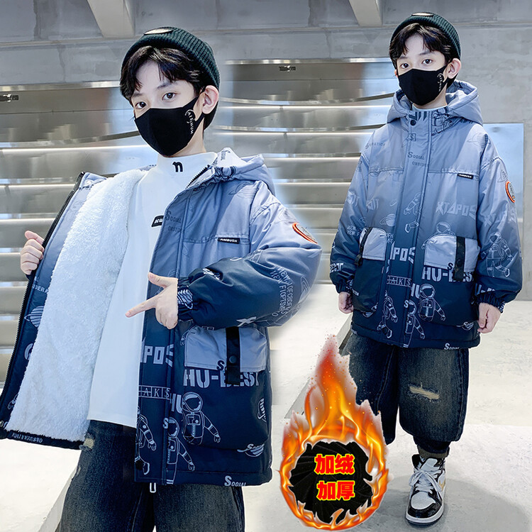 (2개) 어린이 착용 소년의 겨울 기모 코튼 코트 2023 대형 어린이 두꺼운 소년의 큰 편지 인쇄 후드 탑