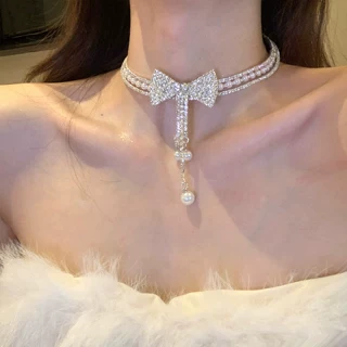赴约宴会~满钻蝴蝶结珍珠项链晚宴礼服choker锁骨链女千金感项圈