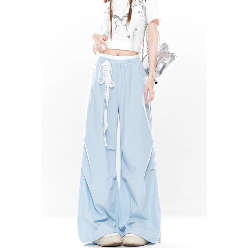 American-Style Sweet Cool Bow Wide-Leg Casual Pants for Women, Summer Quick-Dry Thin Sports Parachute Cargo Scimitar Long Pants