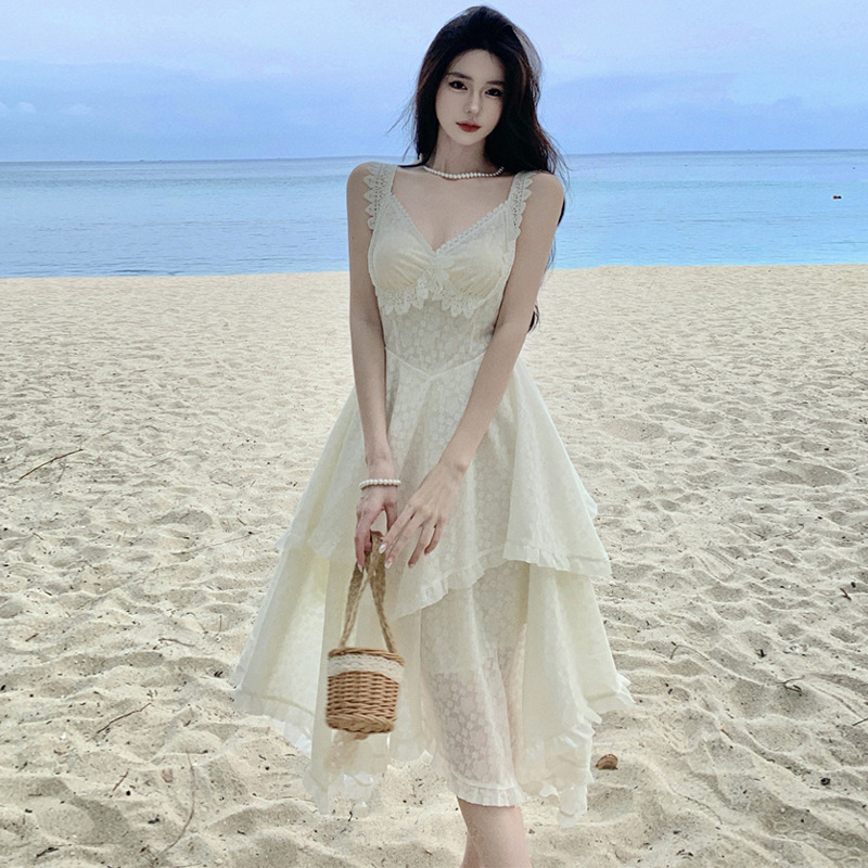 WDS2148 European and American 2023 Summer Cross-border Foreign Trade Sexy Strap Deep V-Neck Irregular Double Layer Cake Dress
