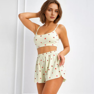 2024 Summer European and American new love printed small pit knitted sling slit shorts cool women's home wear