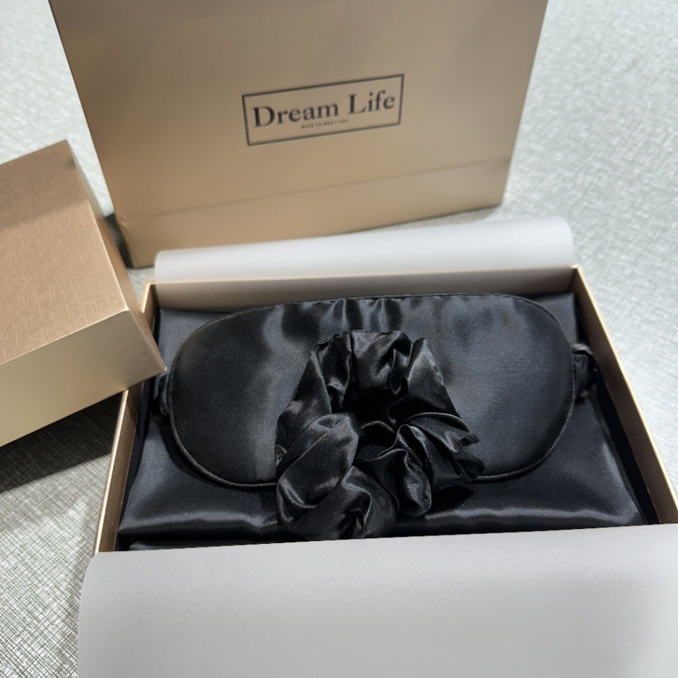 Regalos de alta gama, almohada de seda de alta calidad, cubierta de ojos, anillo de cabello, caja de regalo de seda, 100% seda de morera, conjunto de tres piezas