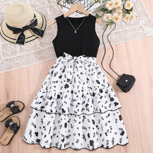 2024 Summer Girls' Dress: Sleeveless Patchwork Design, Chic Ruffled Hem, Floral Print — Cross-Border Children's Color-Block Skirt