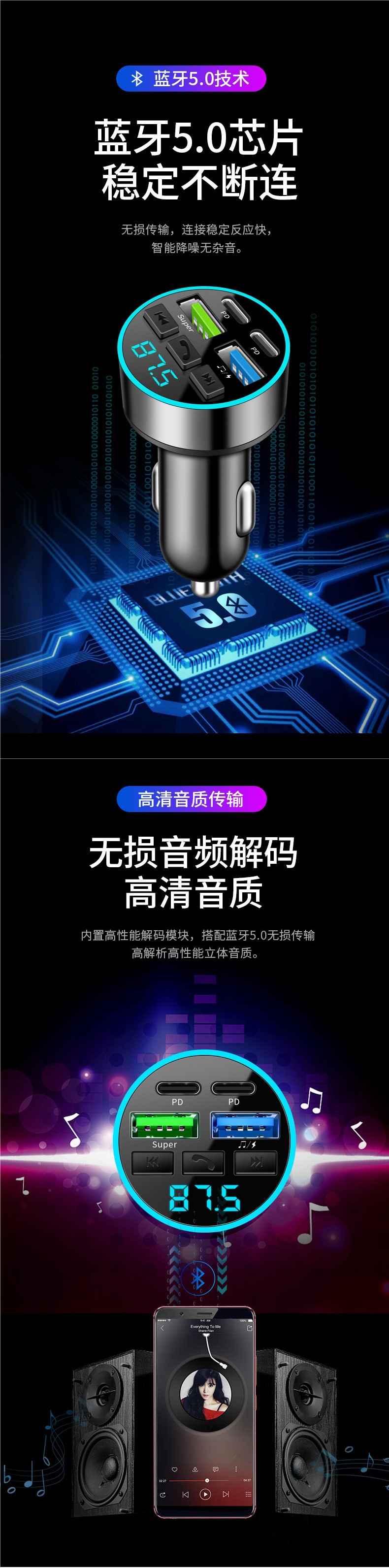 Car Bluetooth Receiver Lossless Sound Quality Mp3 Player Conversion Cigarette Lighter Car Charger Super Fast Charging