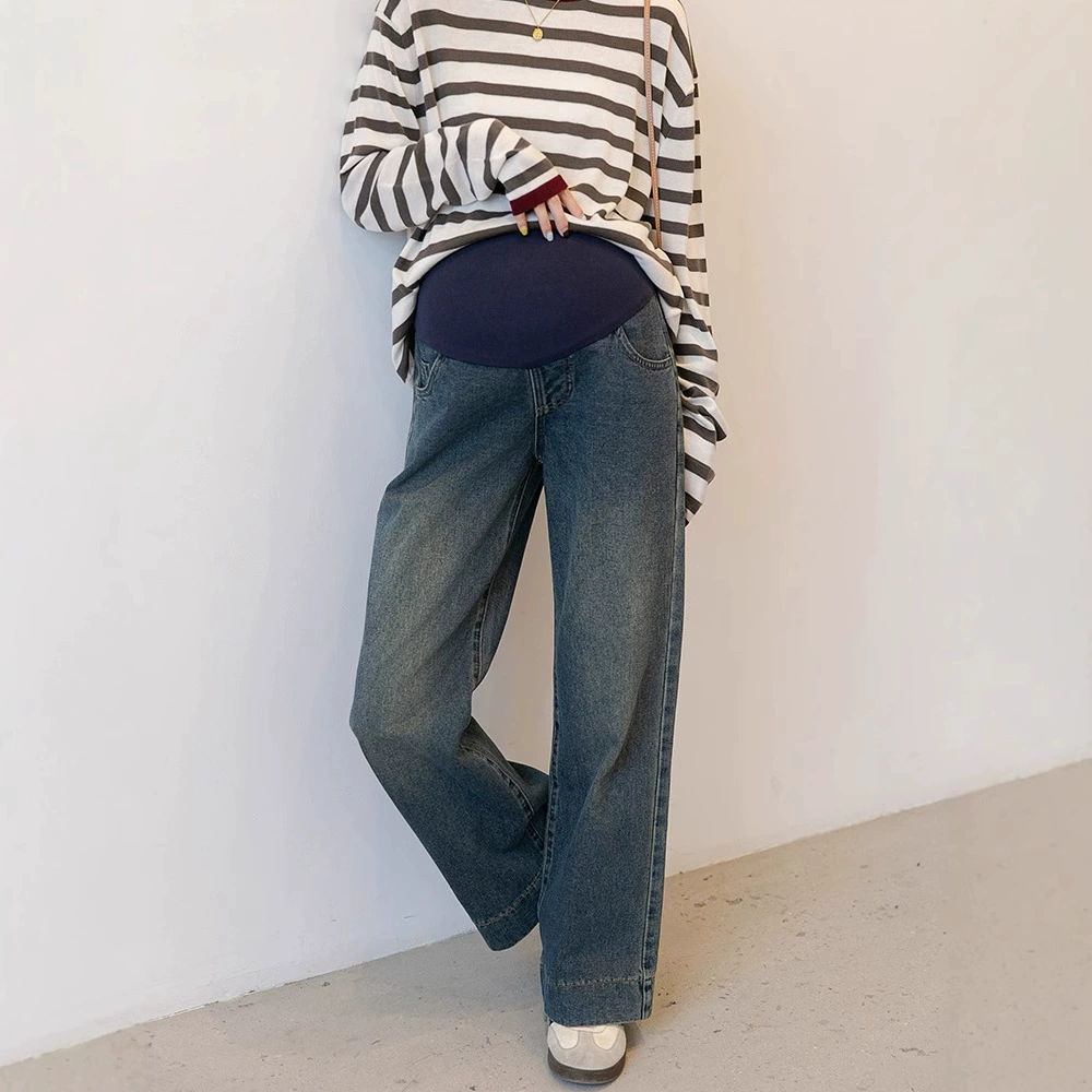 Весенние и осенние платья для беременных мода брюки для беременных прямые джинсовые брюки свободные повседневные ретро синие брюки для живота тонкие