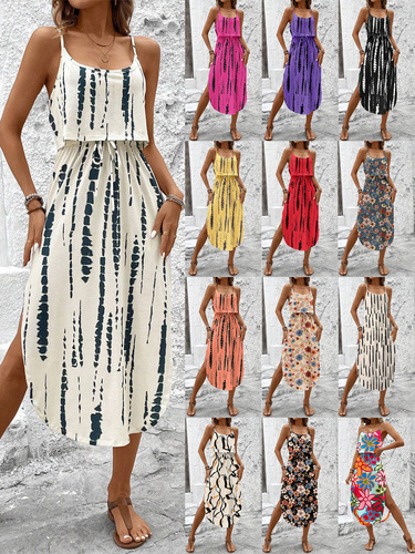 Live-shooted in stock, European and American foreign trade cross-border independent station 1688, hot-selling European and American printed camisole dresses