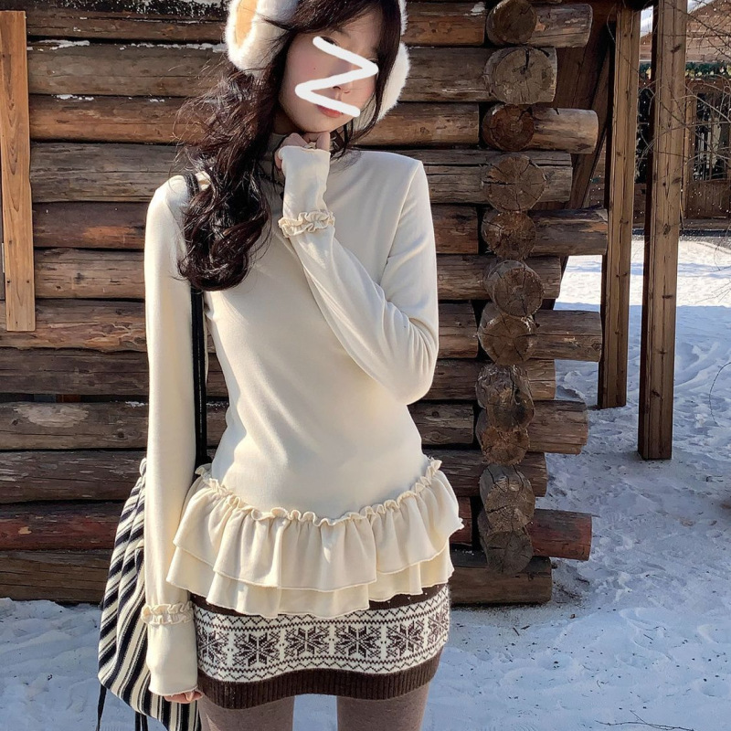 Korean-Style Versatile Thickened Fleece-Lined Lace Half-High Collar Layered Autumn and Winter Inner Wear Top for Women Korean-Style Versatile Thickened Fleece-Lined Lace Half-High Collar Layered Autumn and Winter Inner Wear Top for Women