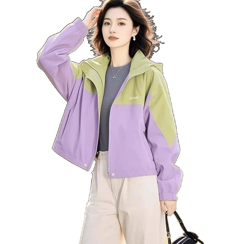 2025超人気春服、高級感と超見栄えの良い女性用ジャケット、年齢軽減、美しくスタイリッシュなカジュアルパープルフード付きジャケット|undefined