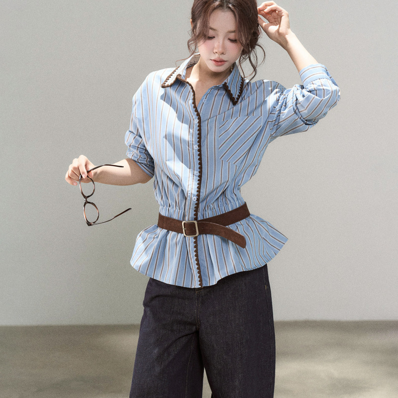 Blue Stripesd Sun Protection Long-Sleeved Shirt for Women Autum New Loose and Versatile High-End Chic Shirt