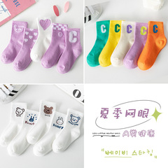 Children's socks spring and summer thin mesh socks ins Korean version alphabet trendy socks girls boys mid-calf socks baby cotton socks
