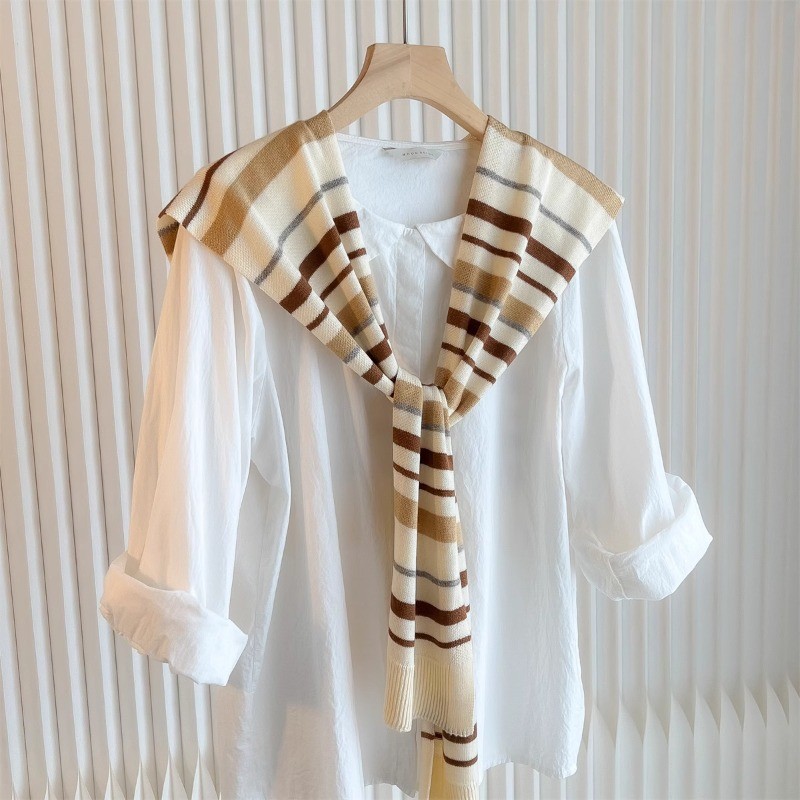 Cream Coffee Color Stripesd Layered Shawl for Women, Shirt, Knitted Scarf, Air-Conditioned Room Neck Protector, Spring and Autum Waistcoat