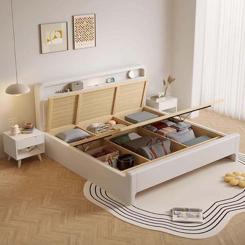 Cama de madera sólida blanca nórdica simple moderna crema 1.8 doble cama principal 1.2m cama individual pequeña cama de almacenamiento