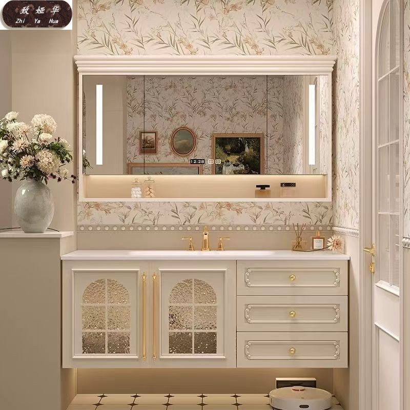 Cream Bathroom Sink Vanity Cabinet French Bathroom Cabinet Ceramic Integrated Basin Washbasin Cabinet Set