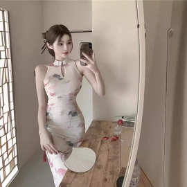 新中式名媛改良旗袍女夏季碎花网纱高开叉露肩挂脖连衣裙纯欲风