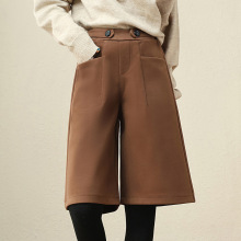 2073新款加大码毛呢阔腿裤女秋冬加厚五分短裤高腰外穿时尚百搭潮