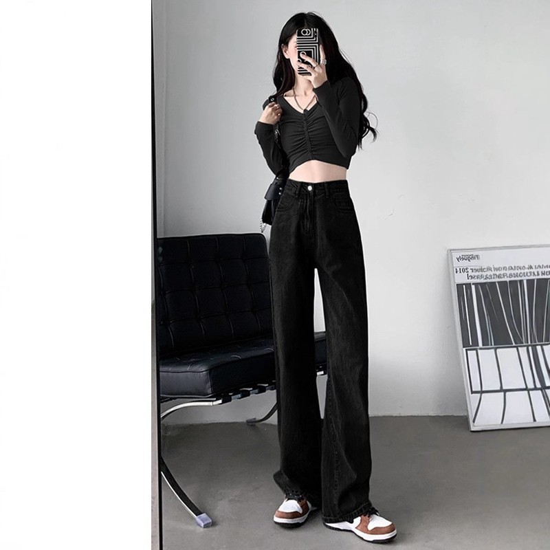 高腰直筒牛仔裤女春秋季薄款2025新款小个子宽松直筒阔腿拖地裤子|undefined