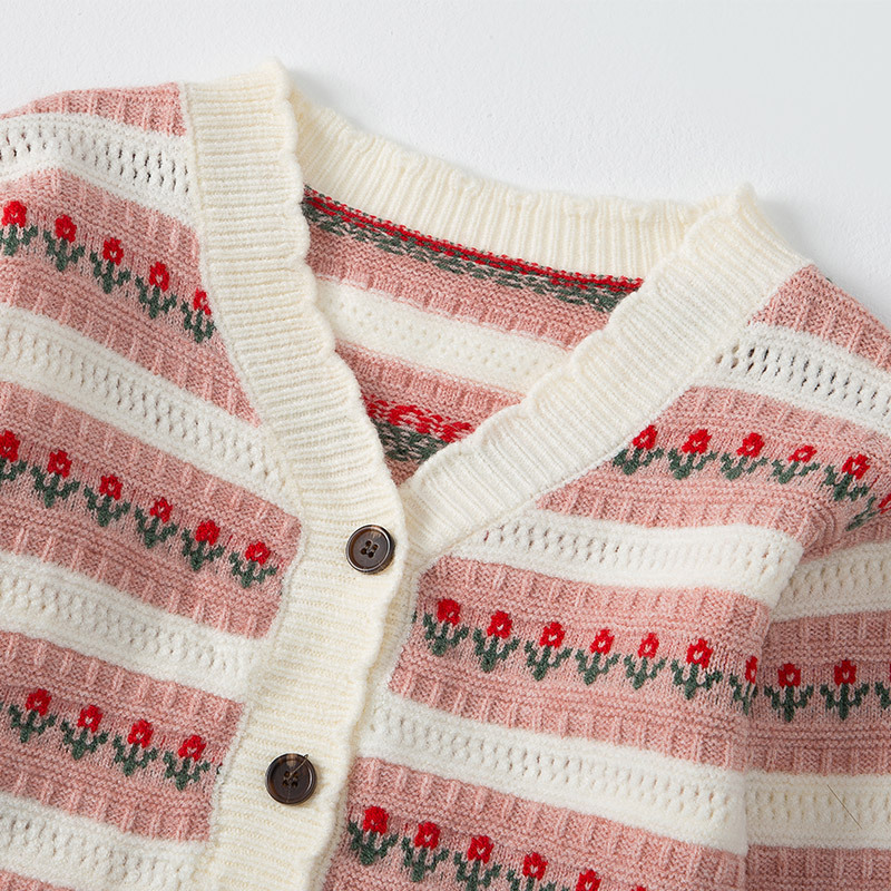 Girls' knitted cardigan, new spring and autumn style, thin and fashionable, floral print, baby knitted cardigan, children's clothing top