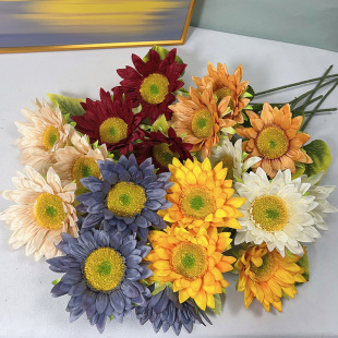 Sunflower Artificial Flower Three-Head Home Decoration Wedding Hall Layout Retro Oil Painting Sunflower Shooting Props Fake Flowers